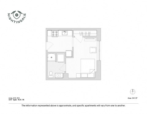 Floor plan for studio, 1 bath, 341 sqft